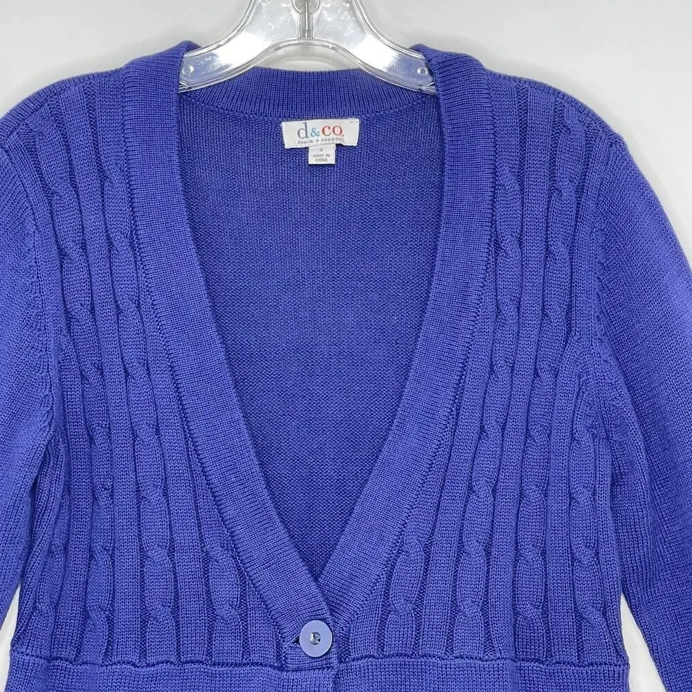 D&Co Women’s Small Cable Knit Sweater Cardigan Navy Blue One Button 3/4 Sleeve